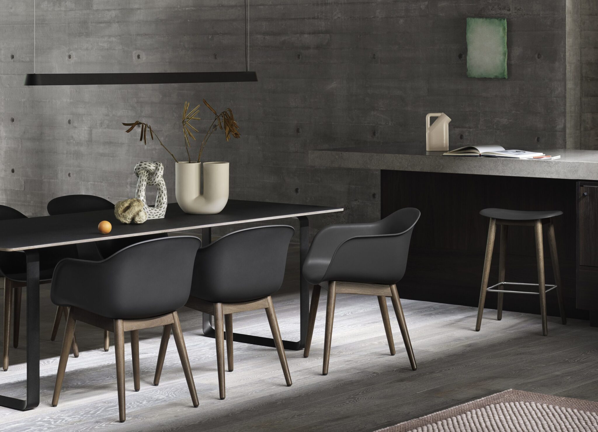 Linear-pendant-lamp-169-black-70-70-black-fiber-armchair-fiber-counter-stool-black-stained-dark-brown-V2-muuto-med-res-scaled